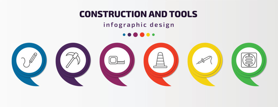 construction and tools infographic template with icons and 6 step or option. construction and tools icons such as drawing, pick axe, open scale, road construction, iron soldering, drain vector. can