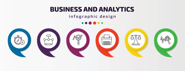 business and analytics infographic template with icons and 6 step or option. business and analytics icons such as time out, flow chart, market research, paper shredder, legal, sine waves analysis