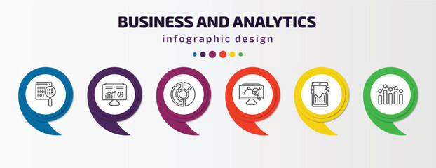 business and analytics infographic template with icons and 6 step or option. business and analytics icons such as binary data search, hash rate, data circular chart, stock market, mobile analytics,