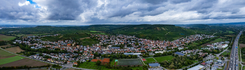 Aerial view around the city Erlenbach in Germany  on a cloudy day in summer