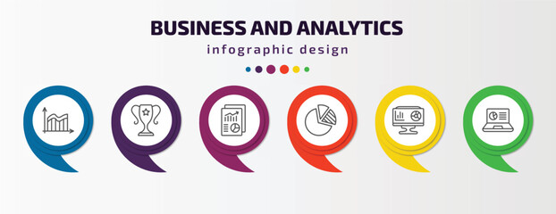 business and analytics infographic template with icons and 6 step or option. business and analytics icons such as data wave, achievement, print document, pie chart diagram, analytics monitor, laptop