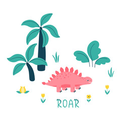 Cute dinosaur with leaves, flowers, palms. Roar text