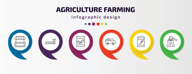 agriculture farming infographic template with icons and 6 step or option. agriculture farming icons such as stall, caterpillar, seed bag, pickup, fertilizer, wood chop vector. can be used for