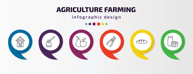 agriculture farming infographic template with icons and 6 step or option. agriculture farming icons such as shed, hoe, fruit, shears, bread, milk products vector. can be used for banner, info graph,