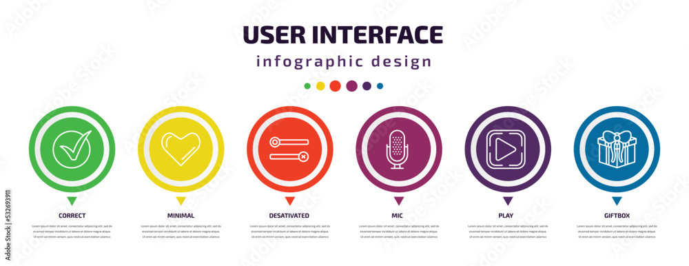 Poster user interface infographic element with icons and 6 step or option. user interface icons such as cor