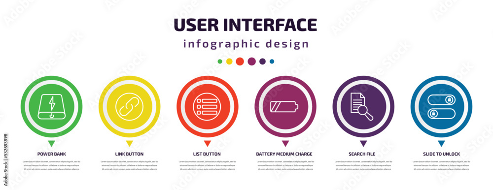 Poster user interface infographic element with icons and 6 step or option. user interface icons such as pow