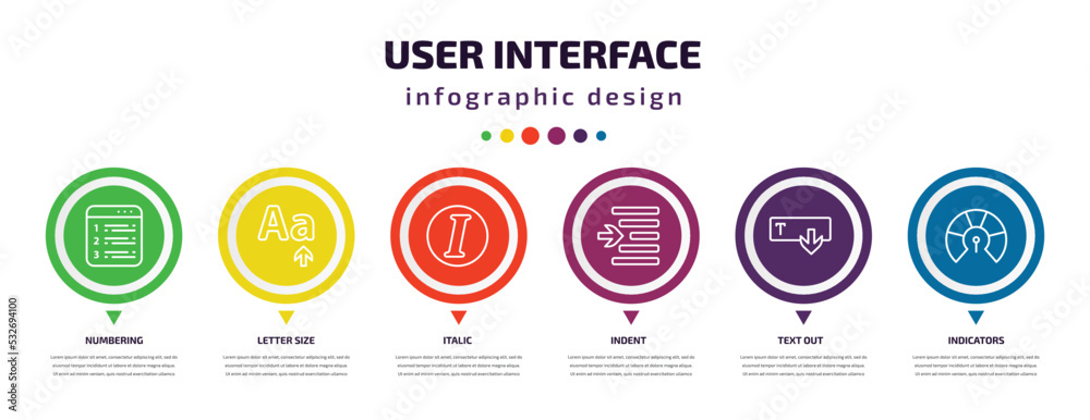 Aufkleber user interface infographic element with icons and 6 step or option. user interface icons such as num