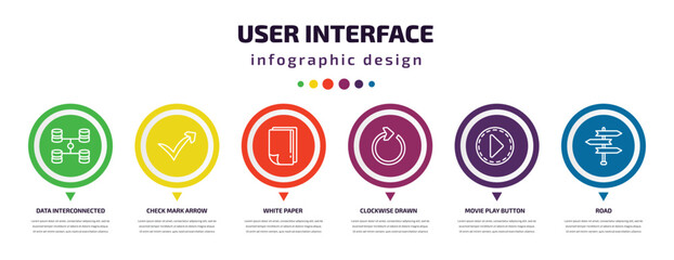 user interface infographic element with icons and 6 step or option. user interface icons such as data interconnected, check mark arrow, white paper, clockwise drawn arrow, movie play button, road