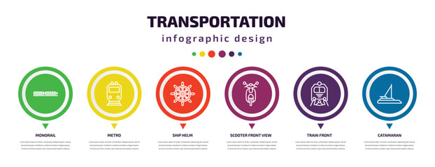 transportation infographic element with icons and 6 step or option. transportation icons such as monorail, metro, ship helm, scooter front view, train front, catamaran vector. can be used for