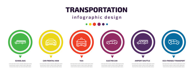 transportation infographic element with icons and 6 step or option. transportation icons such as school bus, car frontal view, taxi, electro car, airport shuttle, eco-friendly transport vector. can