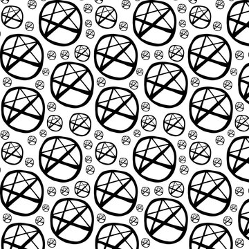 Seamless pattern of sprayed pentagram symbol. Vector illustration with overspray in black over white.