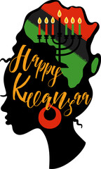 Greeting card for Kwanzaa with African women. Happy Kwanzaa decorative greeting card. seven kwanzaa candles in map Africa.