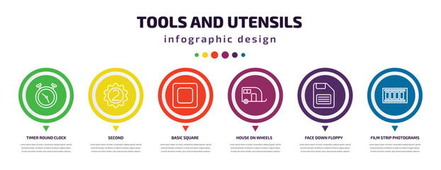 tools and utensils infographic element with icons and 6 step or option. tools and utensils icons such as timer round clock, second, basic square, house on wheels, face down floppy disk, film strip
