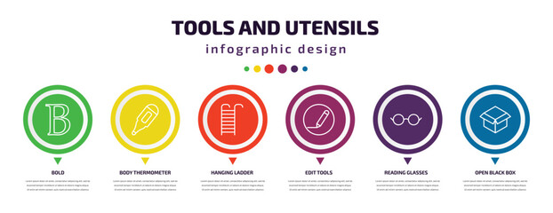 tools and utensils infographic element with icons and 6 step or option. tools and utensils icons such as bold, body thermometer, hanging ladder, edit tools, reading glasses, open black box vector.