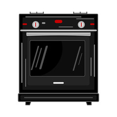 Kitchen stove isolated on white background. Black gas cooker stove with oven. Household equipment for preparing food, cooking. Cook appliance front view. Stock vector illustration
