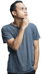 Portrait of thoughtful smart asian man thinking, male student solving puzzled, look up complicated...