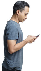 Young handsome asian man using smartphone on gray background