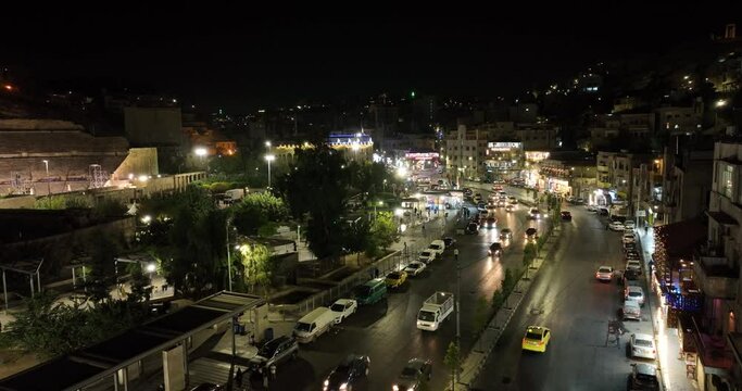 Aerial footage on a busy boulevard downtown Amman.