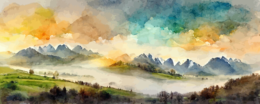 watercolor art background with mountains and hills