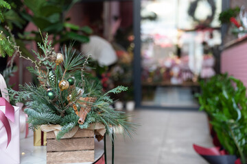 Christmas tree composition from natural needles in the interior of a florist shop