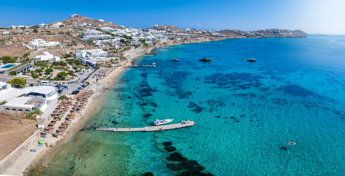 The beautiful beach of Agios Ioannis on the island of Mykonos, Cyclades, Greece, during summer time