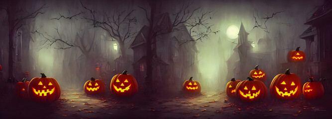 Halloween background. Witch hut. Banner size. 3d