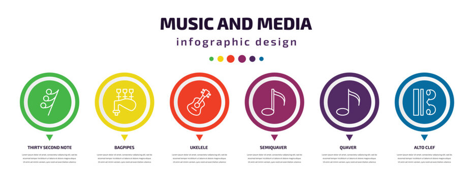 music and media infographic element with icons and 6 step or option. music and media icons such as thirty second note rest, bagpipes, ukelele, semiquaver, quaver, alto clef vector. can be used for