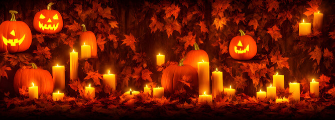 Jack O Lanterns - Halloween Background. Banner size. 3d