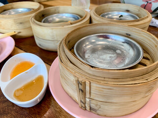 Dim sum, top view and text input area, dim sum (Chinese food) in steamed bamboo is popular all over...
