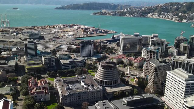 Beehive in Wellington. Aerial pull back from famous parliament building in the capital city of New Zealand