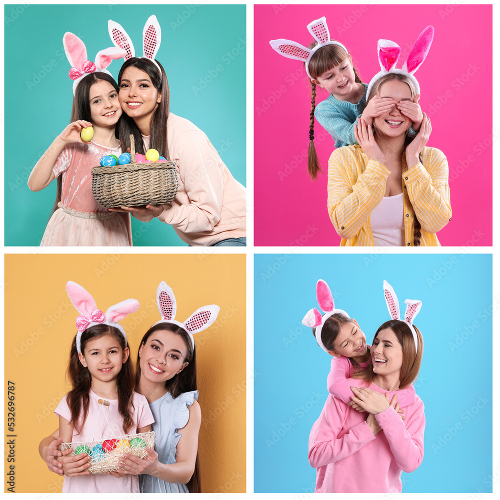 Sticker Collage photos of people wearing bunny ears headbands on different color backgrounds. Happy Easter