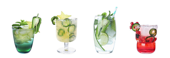 Set of different spicy cocktails with jalapenos on white background. Banner design