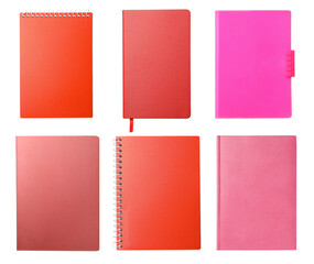 Set with stylish colorful notebooks on white background, top view