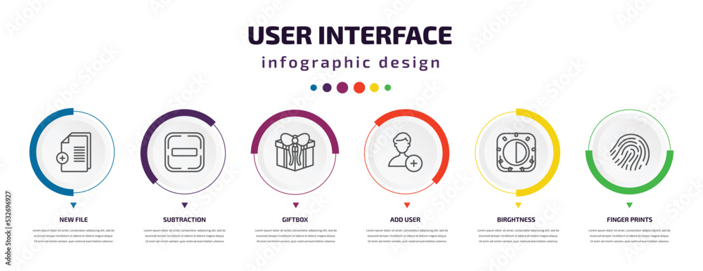 Aufkleber user interface infographic element with icons and 6 step or option. user interface icons such as new