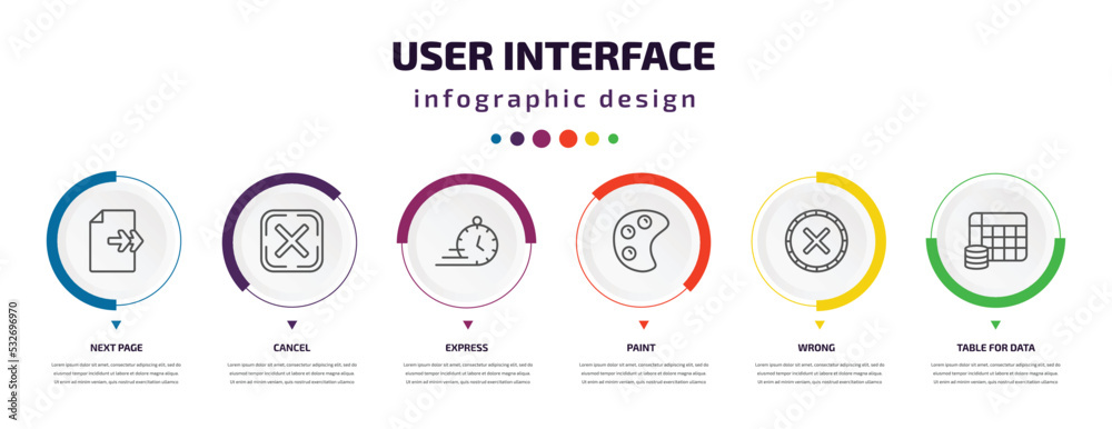 Poster user interface infographic element with icons and 6 step or option. user interface icons such as nex