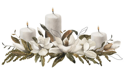 Watercolor white wedding flower. Hand painted wedding frames. Floral watercolor illustration for wedding. Hand drawn flowers with green leaves. Watercolour candle isolated. Spa candles. 