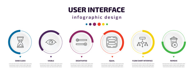 user interface infographic element with icons and 6 step or option. user interface icons such as sand clock, visible, desativated, equal, flow chart interface, remove vector. can be used for banner,