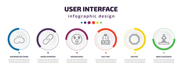 user interface infographic element with icons and 6 step or option. user interface icons such as disconnected chains, images interface, shocked smile, sale time, eighties, about successful man