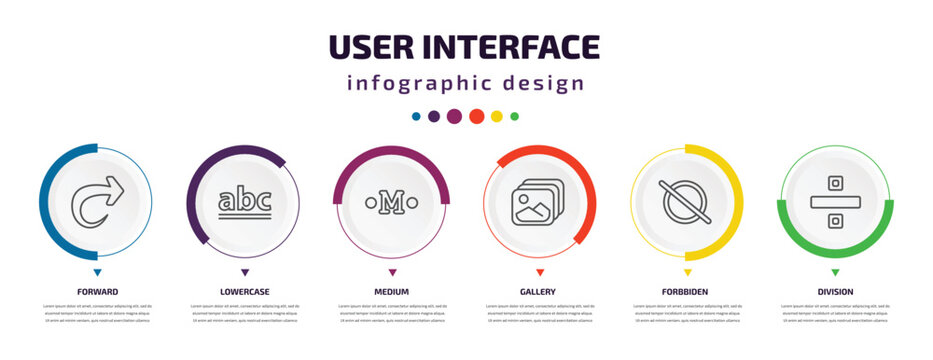 user interface infographic element with icons and 6 step or option. user interface icons such as forward, lowercase, medium, gallery, forbbiden, division vector. can be used for banner, info graph,
