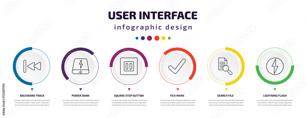Poster user interface infographic element with icons and 6 step or option. user interface icons such as bac