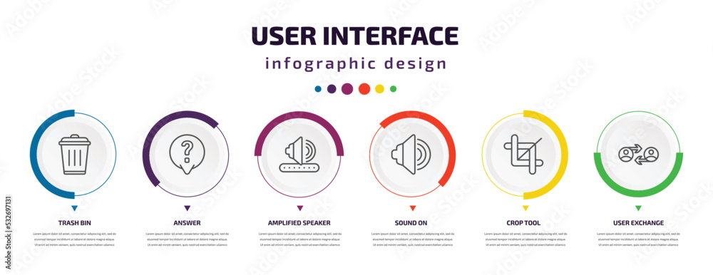 Poster user interface infographic element with icons and 6 step or option. user interface icons such as tra