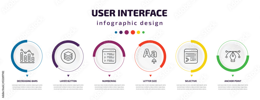 Poster user interface infographic element with icons and 6 step or option. user interface icons such as dec