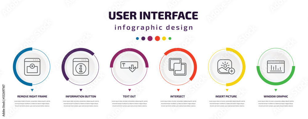 Poster user interface infographic element with icons and 6 step or option. user interface icons such as rem