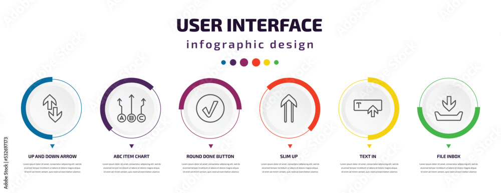 Poster user interface infographic element with icons and 6 step or option. user interface icons such as up 