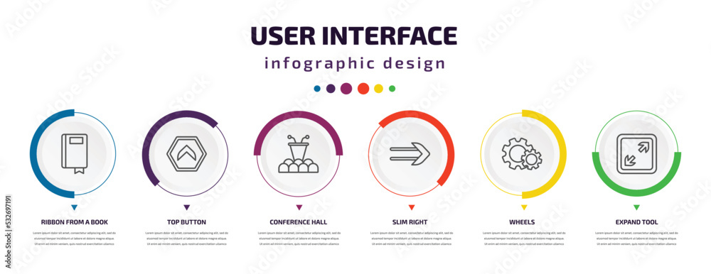 Poster user interface infographic element with icons and 6 step or option. user interface icons such as rib