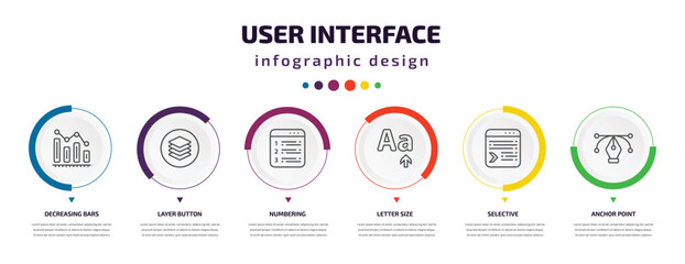 user interface infographic element with icons and 6 step or option. user interface icons such as decreasing bars chart, layer button, numbering, letter size, selective, anchor point vector. can be