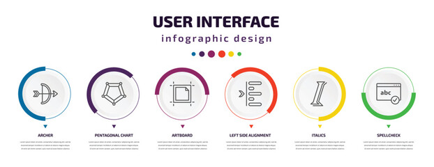 user interface infographic element with icons and 6 step or option. user interface icons such as archer, pentagonal chart, artboard, left side alignment, italics, spellcheck vector. can be used for