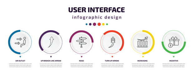 user interface infographic element with icons and 6 step or option. user interface icons such as air outlet, up broken line arrow, road, turn up arrow, increasing, incentive vector. can be used for