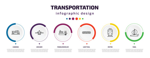 transportation infographic element with icons and 6 step or option. transportation icons such as caboose, airliner, paddlewheeler, light rail, metro, yawl vector. can be used for banner, info graph,