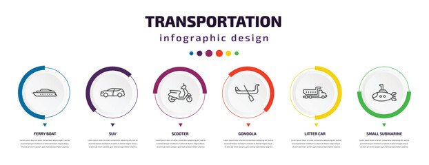 transportation infographic element with icons and 6 step or option. transportation icons such as ferry boat, suv, scooter, gondola, litter car, small submarine vector. can be used for banner, info